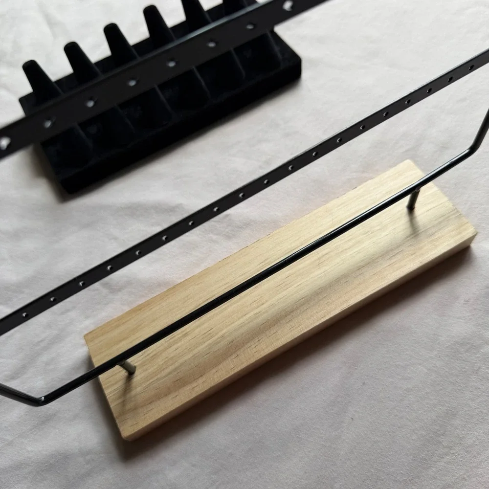 Jewelry Display Set Black Metal Earring Stand Wood Base & Velvet 12 Ring Tray
